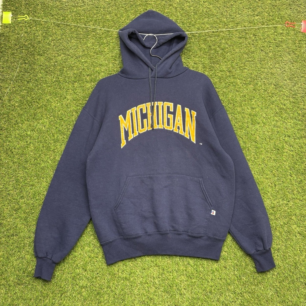 VINTAGE Michigan Wolverines Hoodie Mens Large Blue Russell Athletic NCAA 90s